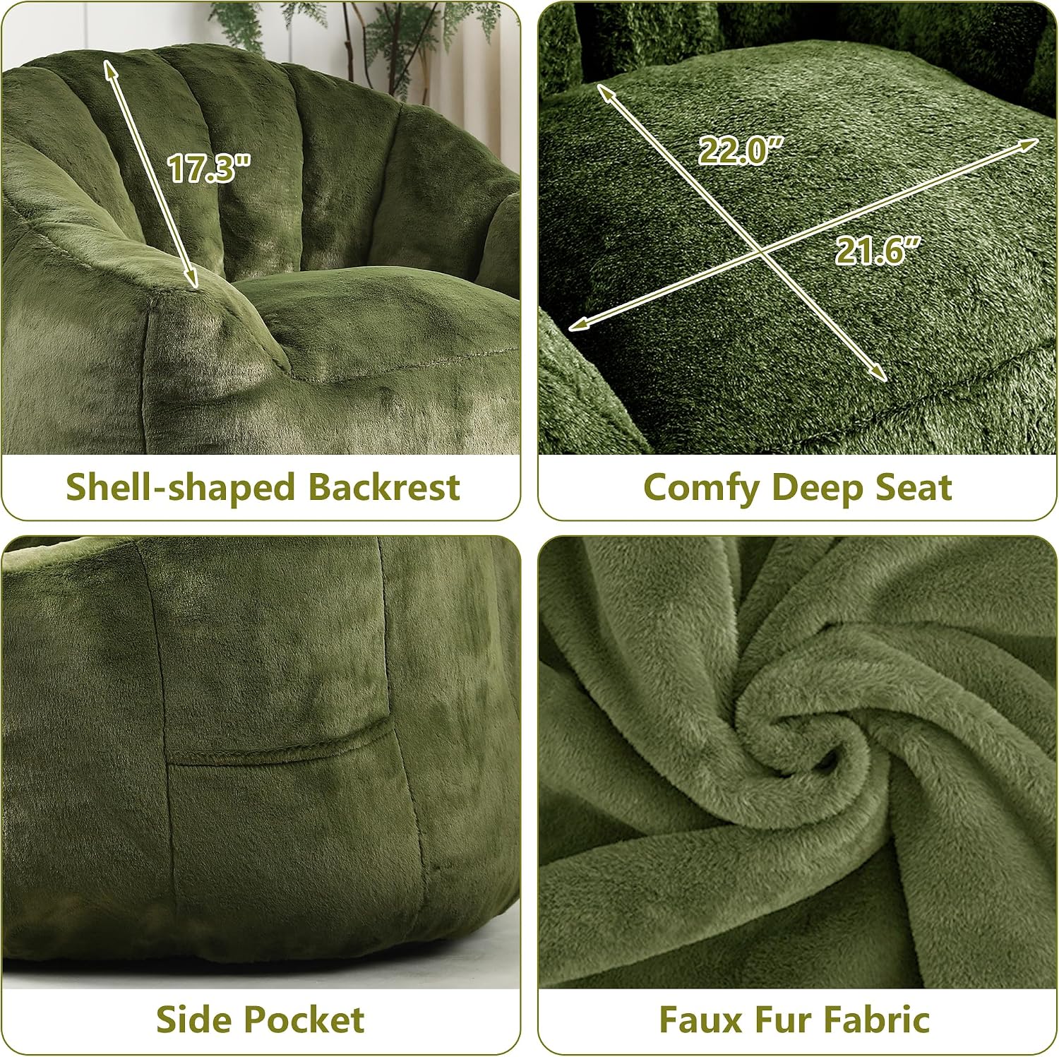 Setawix Giant Bean Bag Chair with Filler, Comfy Faux Fur Bean Bag Chairs for Adults and Kids, Lazy BeanBag Sofa Stuffed Floor Sofa with Memory Foam for Bedroom Apartment Living Room,Green