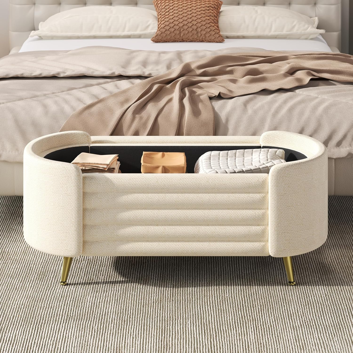 Modern Oval Chenille Storage Ottoman Bench, Beige Upholstered Cushioned Storage Bench with Sturdy Metal Legs, Large Hidden Interior Storage, Multi-Functional End of Bed Shoe Bench