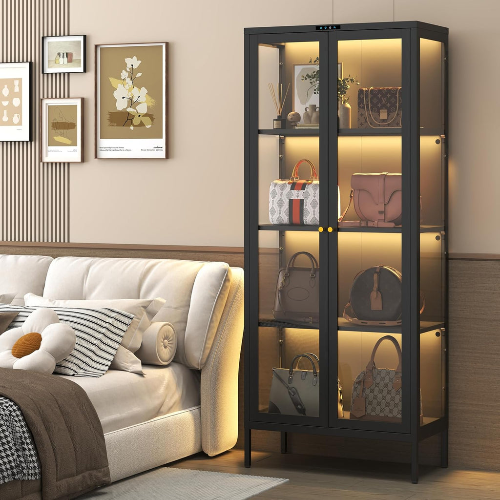Steeloong 66"Display Cabinet with Glass Doors,4-Tier Curio Cabinet with 8 Color Lights,Glass Cabinets with 3 Adjustable Shelves,Black Display Case for Collectibles,Plant,Living Room,Assembly Required