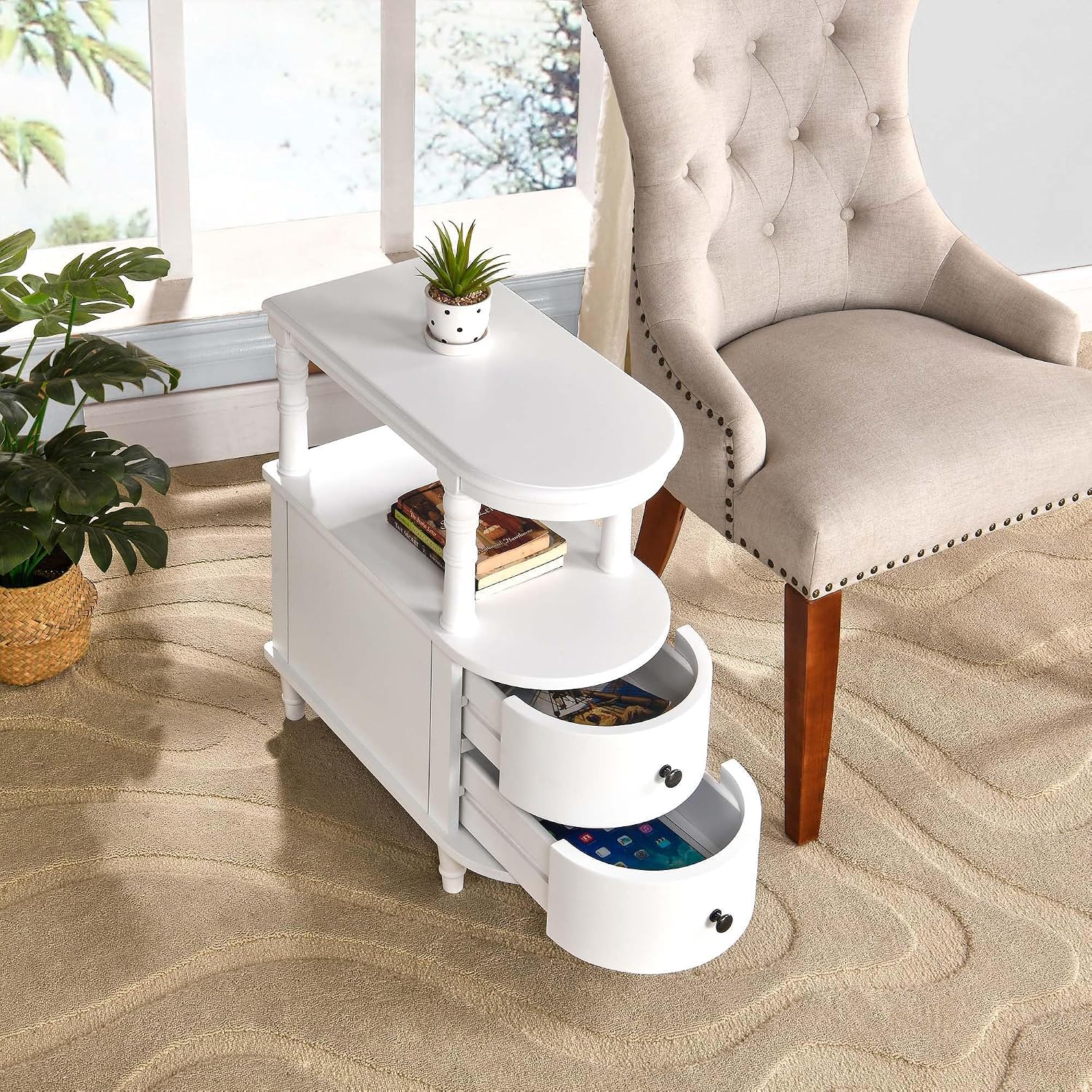 Wood End Table with 2 Drawers and Storage Shelf, Narrow Sofa Side Table for Living Room, Vintage Slim Nightstand Bedside Table for Bedroom, Slim Chair Side Table White BGA508WT