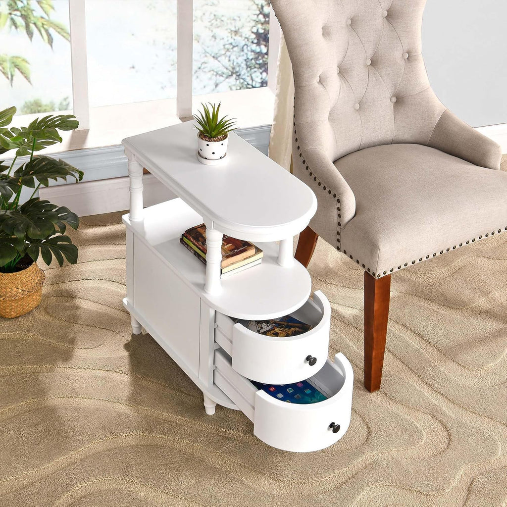 Narrow End Side Table with 2 Storage Drawers and Open Shelf, Retro Vintage Slim Sofa Beside Table, Solid Wood 11.4"W Telephone Table for Living Room, Small Corner, No-Tools Assembly White BG-A508-WT