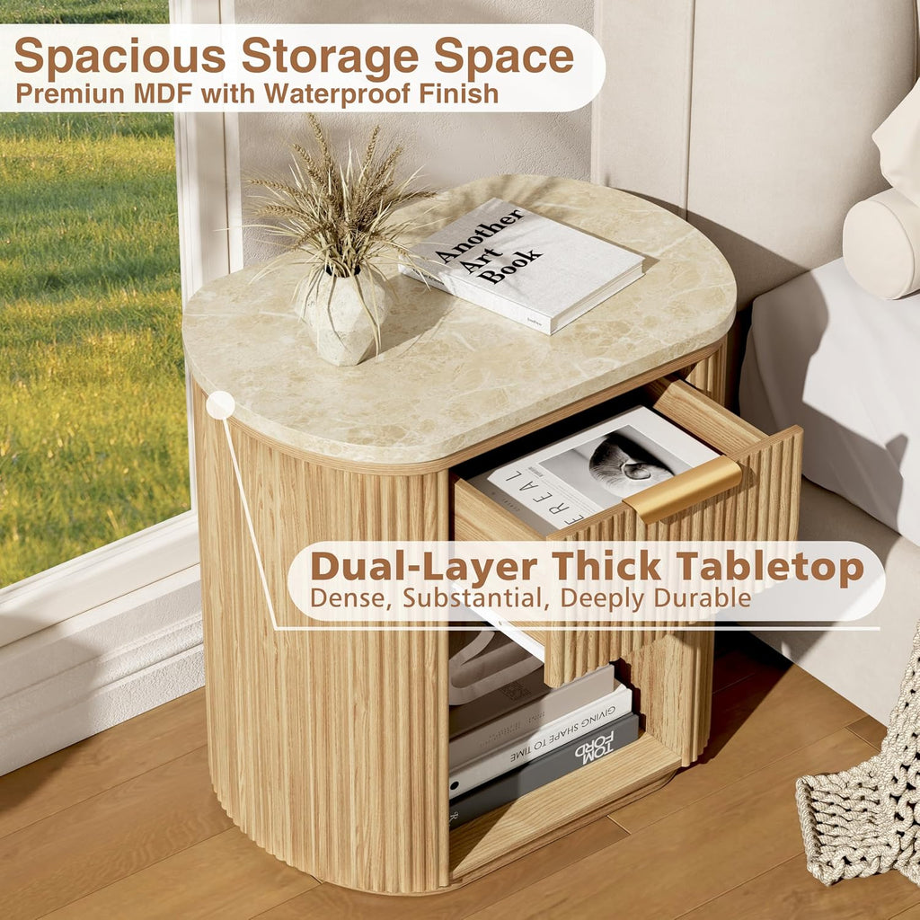 Fluted Marble Nightstand Set of 2 23.6"Large Round Bedside Table Oak,Boho