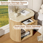 Fluted Marble Nightstand Set of 2 23.6"Large Round Bedside Table Oak,Boho