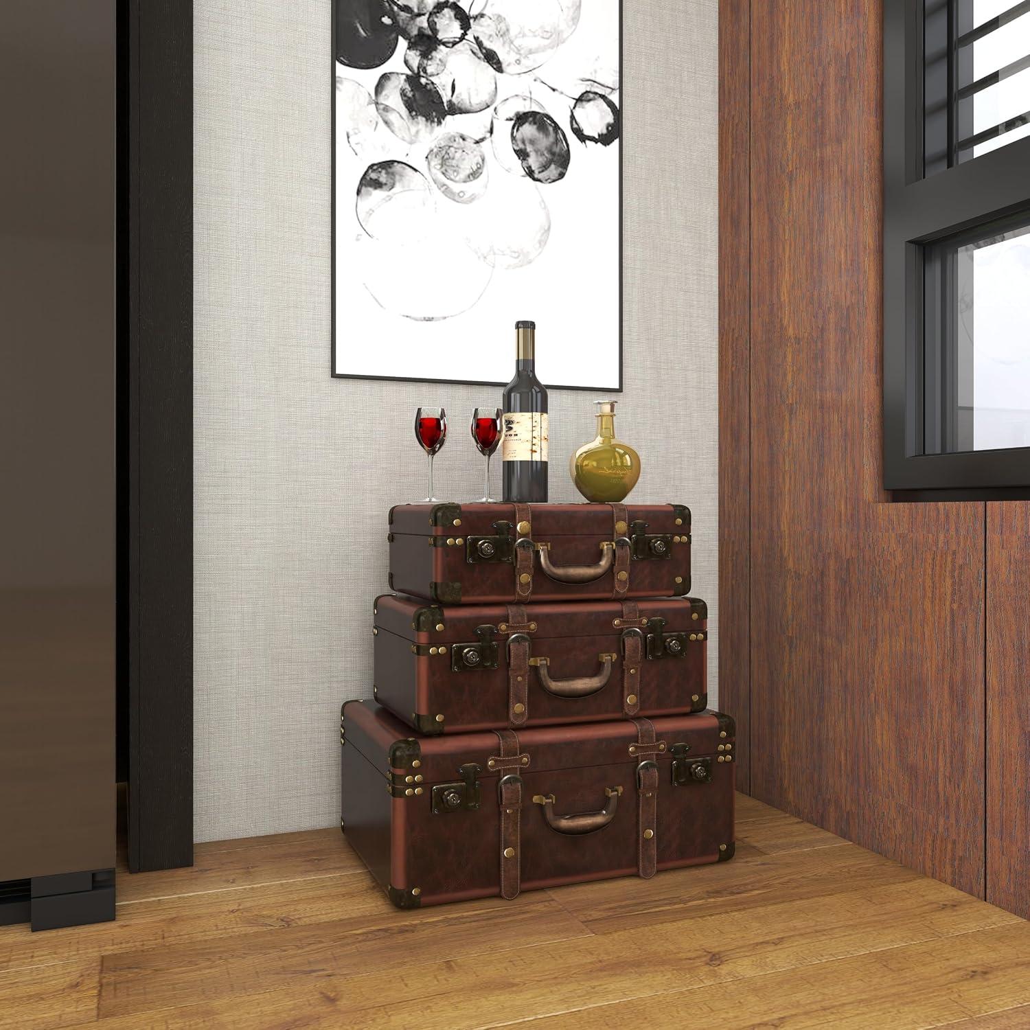 Deco 79 Faux Leather Decorative Trunk Nesting Upholstered Decorative Large Boxes with Vintage Accents and Studs, Set of 3 Storage Trunks 18", 21", 23"W, Brown