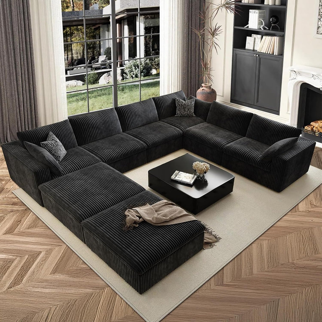 157.6" Cloud Couch Oversized Modular Sectional Sofa, Boneless U-Shaped 8 Seater Deep Seat Couch with Ottoman, Soft Corduroy Upholstery, DIY Combination for Living Room, No Assembly Required, Black