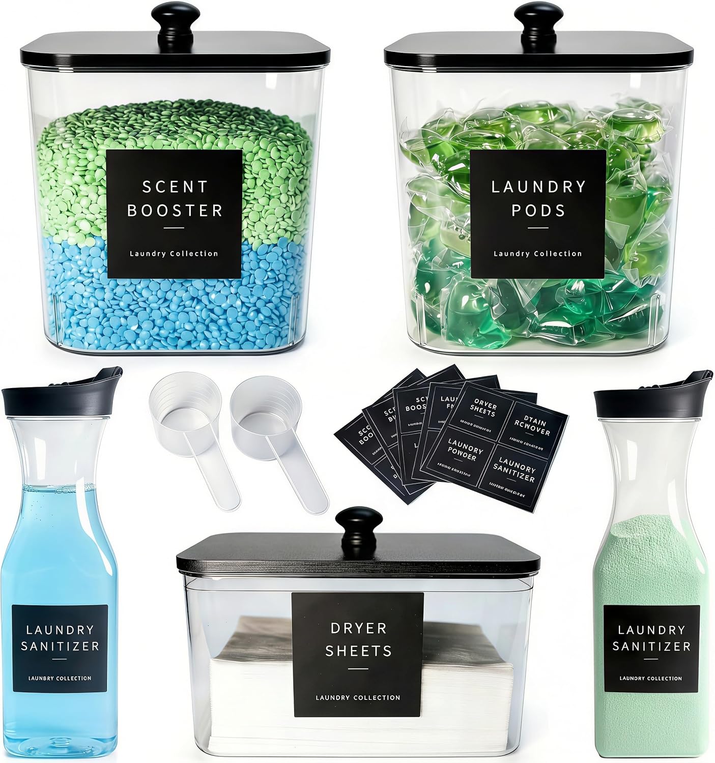 3+2 Pack Laundry Pods Containers & Dryer Sheet Holder & Laundry Detergent Dispenser, Laundry Room Organization and Storage Jars with Lids, Labels and Scoops for Scent Booster, Powder, Pods