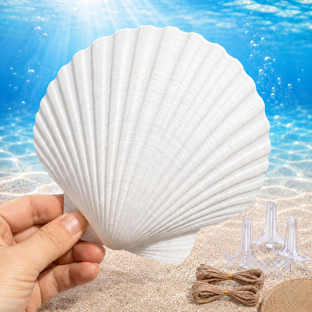 Cizavanta 50 Pack Large Scallop Shells for Crafts, 4-5 Inch Natural White Scallop Shells with 25 Clear Display Stands and Round Craft Mat, Seashells for DIY Painting, Decoupage & Coastal Decor