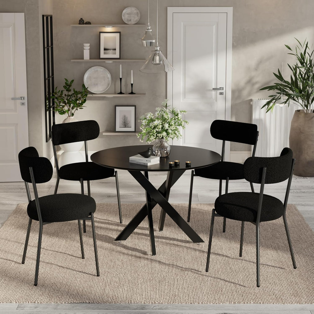 Modern 5-Piece Round Dining Table Set,Circle Black MDF Table & 4 Black Boucle Dining Chairs, Metal Frame Kitchen Furniture for Small Spaces(36-Inch)