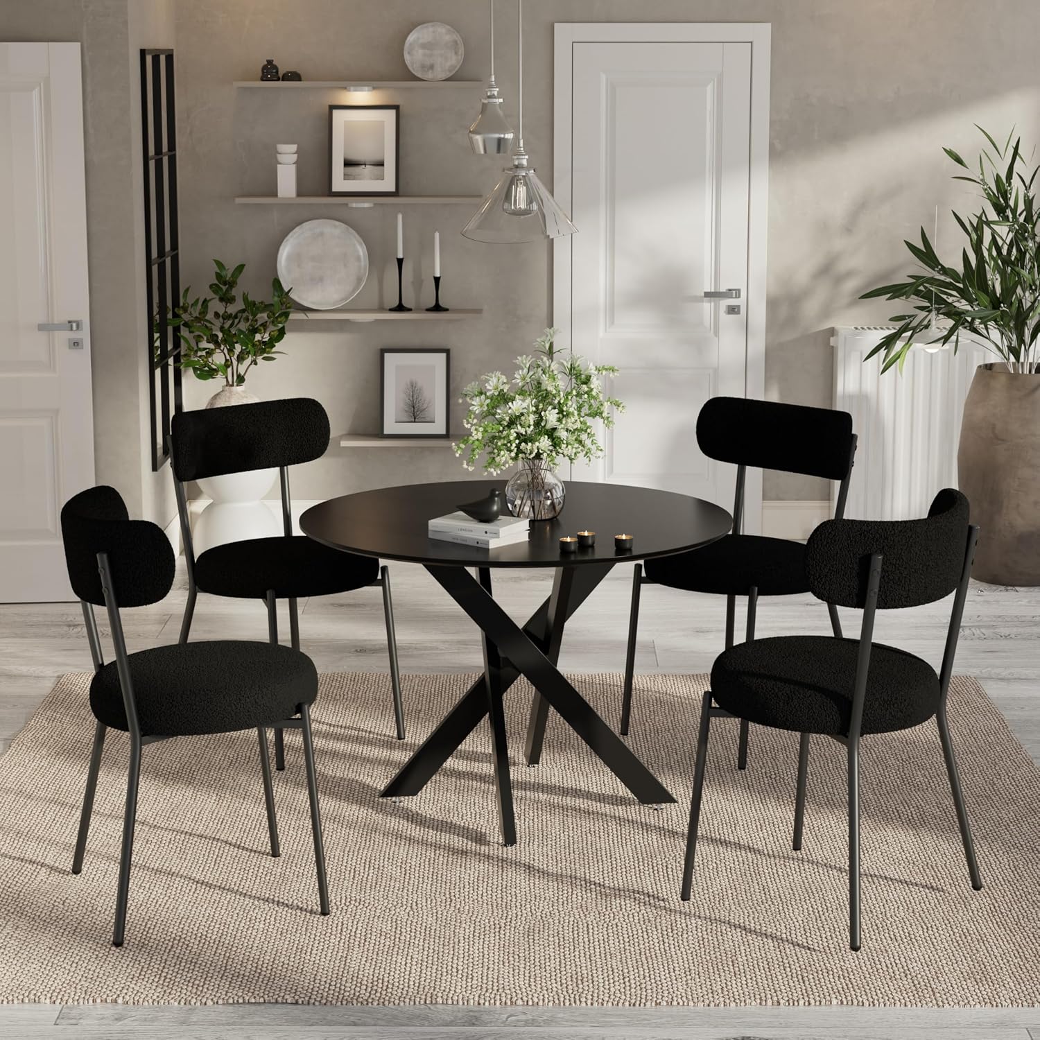 Modern 5-Piece Round Dining Table Set,Circle Black MDF Table & 4 Black Boucle Dining Chairs, Metal Frame Kitchen Furniture for Small Spaces(36-Inch)