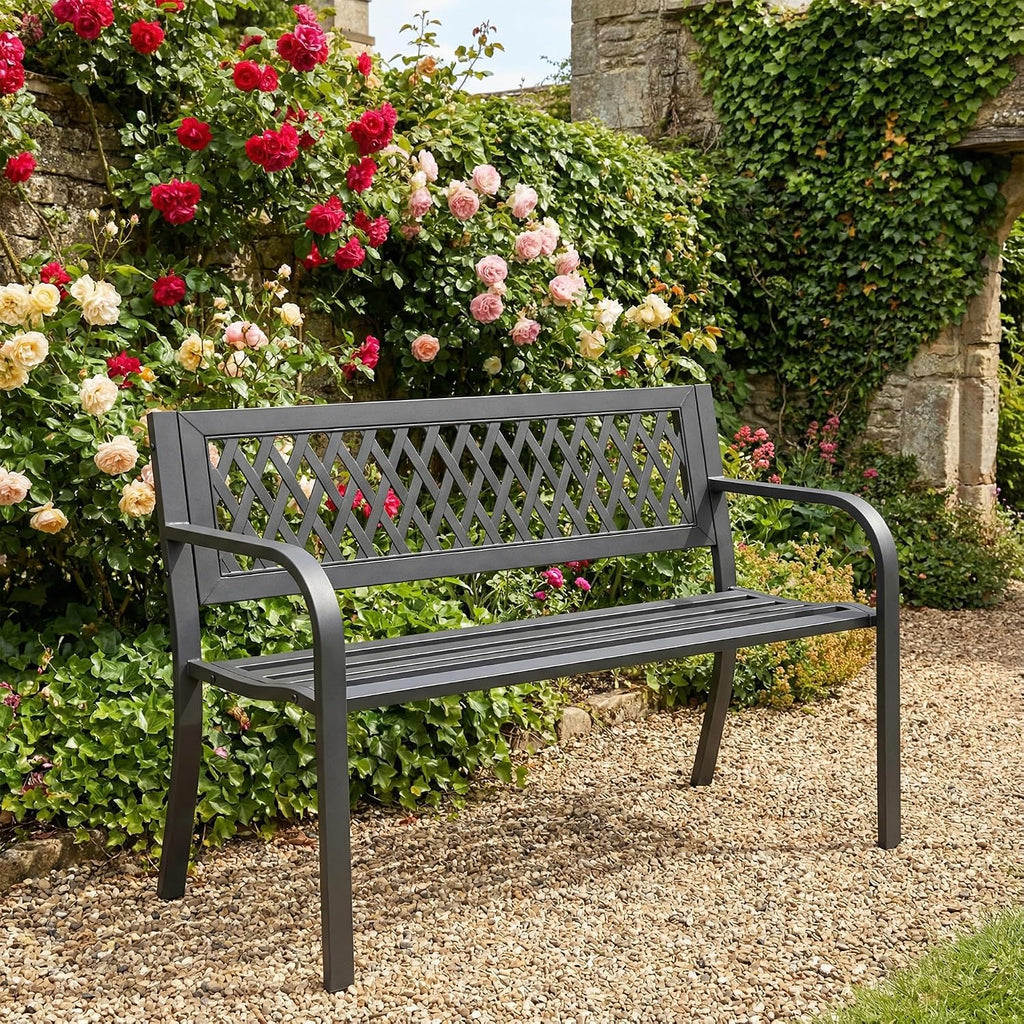 Outdoor Garden Bench, Weatherproof Metal Park Bench for Garden Lawn Porch Park Backyard, Sturdy Steel Patio Bench with Ergonomic Backrest for Front Porch Entryway Outside Seating, Black
