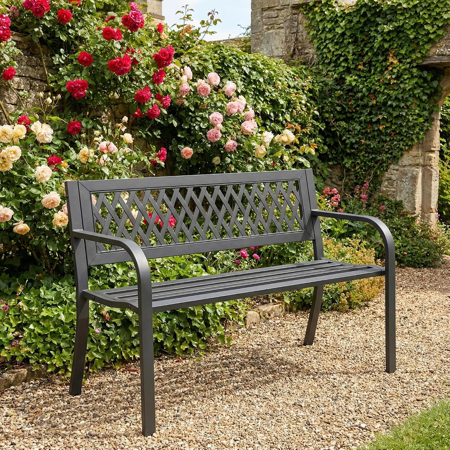 Outdoor Garden Bench, Weatherproof Metal Park Bench for Garden Lawn Porch Park Backyard, Sturdy Steel Patio Bench with Ergonomic Backrest for Front Porch Entryway Outside Seating, Black