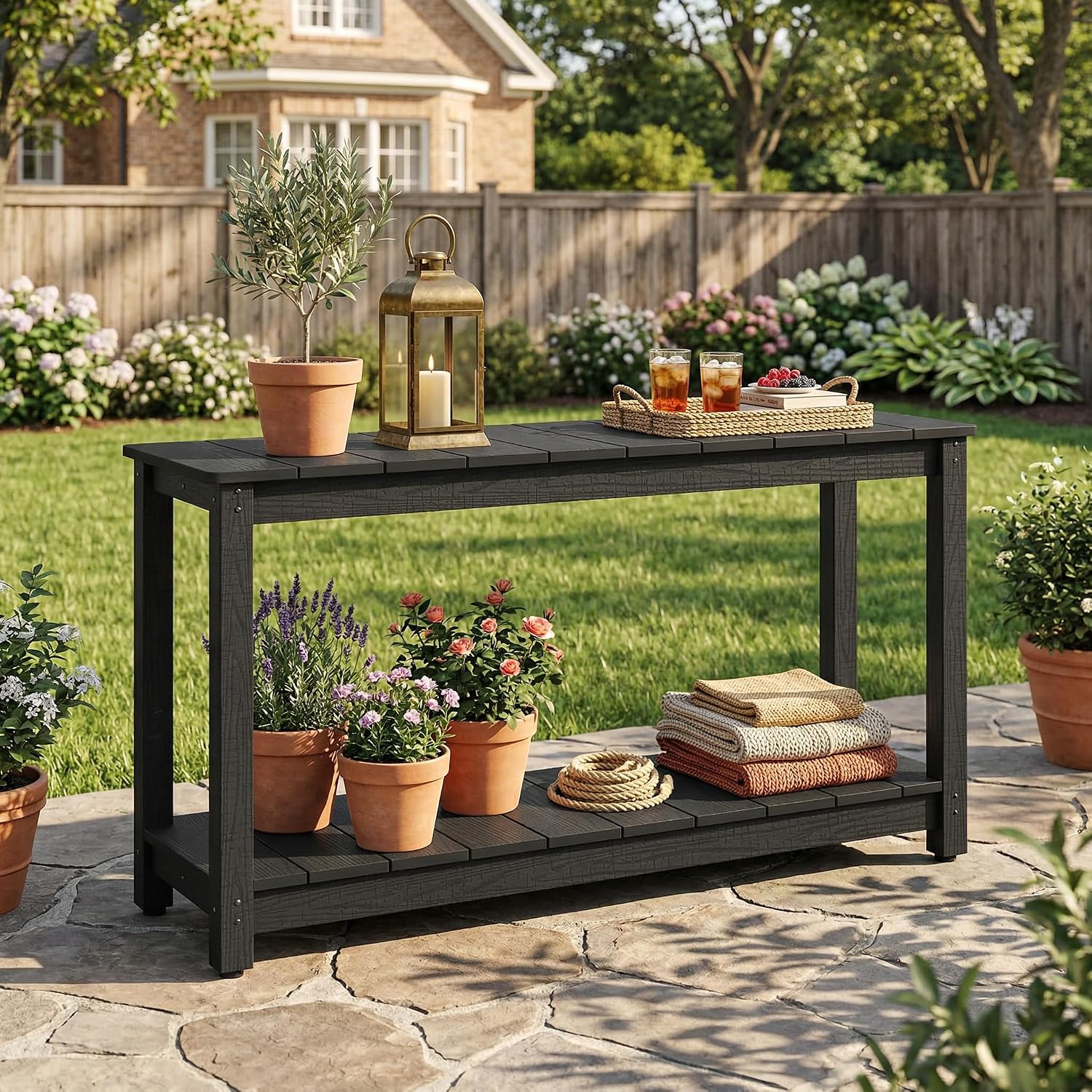 Outdoor Console Table, 48" Weather Resistant HIPS Patio Side Table, 440LBS Weight Capacity, 2-Tier Multifunctional Buffet Bar Storage Organizer for Garden Deck, Black