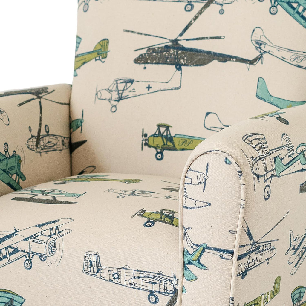 Toddler Personalized Armchair, Kids Upholstered Rocking Chair with Personalization, Toddler Chair with Personalized Name, Comfy Child Armchair, (Airplanes Print, Legs)
