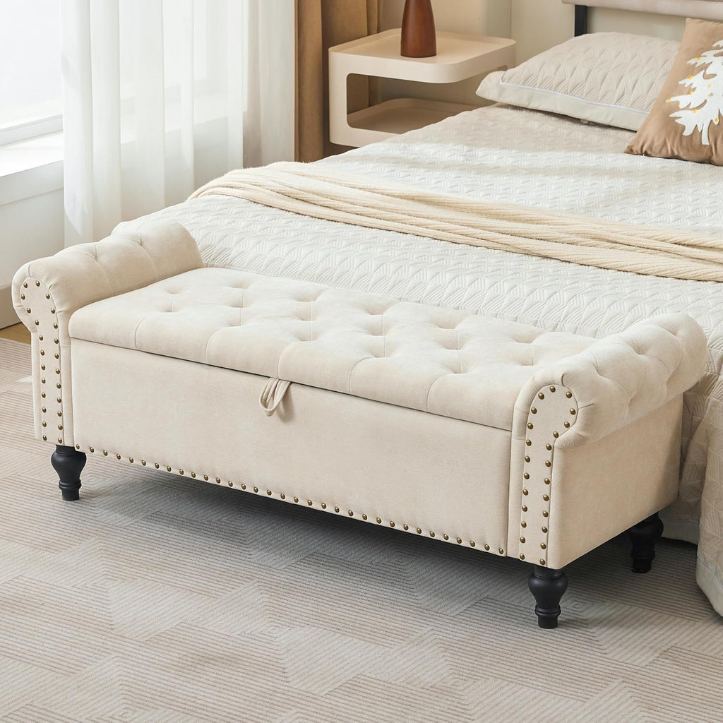51" Storage Ottoman Bench, End of Bed Bench for Bedroom, Storage Ottomans for Foot of Bed, Chenille Upholstered Benches, Window Benches for Living Room, Entryway, Beige