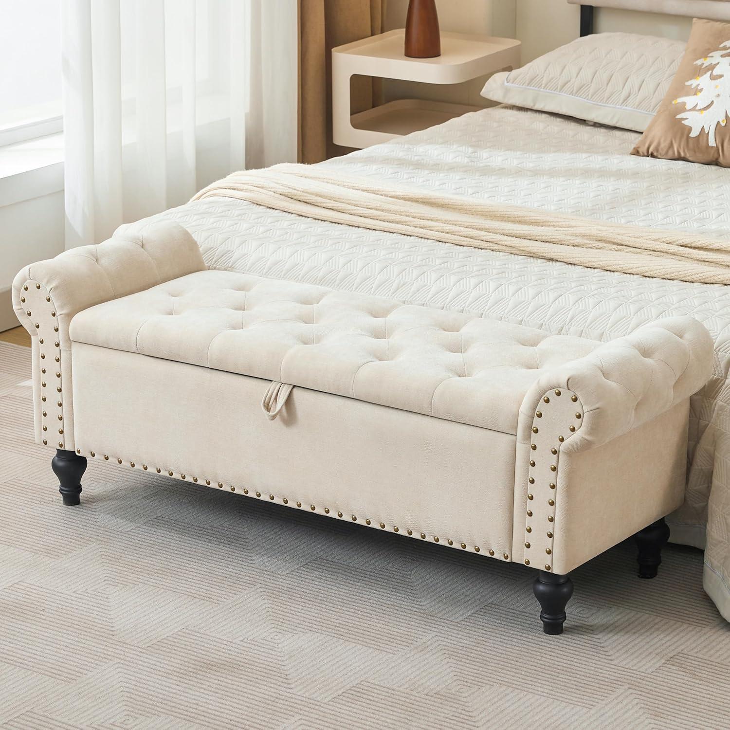 51" Storage Ottoman Bench, End of Bed Bench for Bedroom, Storage Ottomans for Foot of Bed, Chenille Upholstered Benches, Window Benches for Living Room, Entryway, Beige