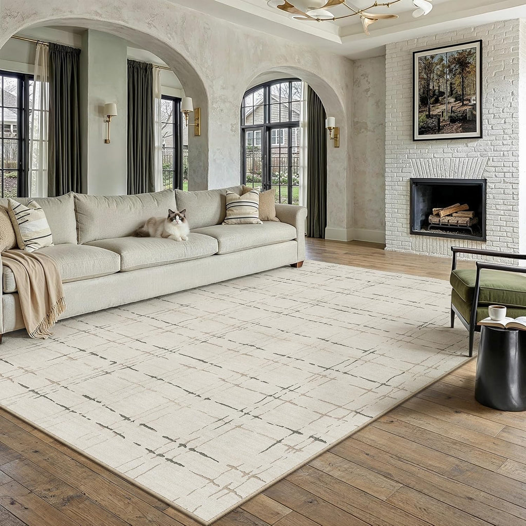 PureCozy Beige Washable 8x10 Area Rug for Living Room Neutral Modern Large Carpet Non Slip Low Pile Indoor Bedroom Soft Accent Throw Rug for Dining Room Office Nursery