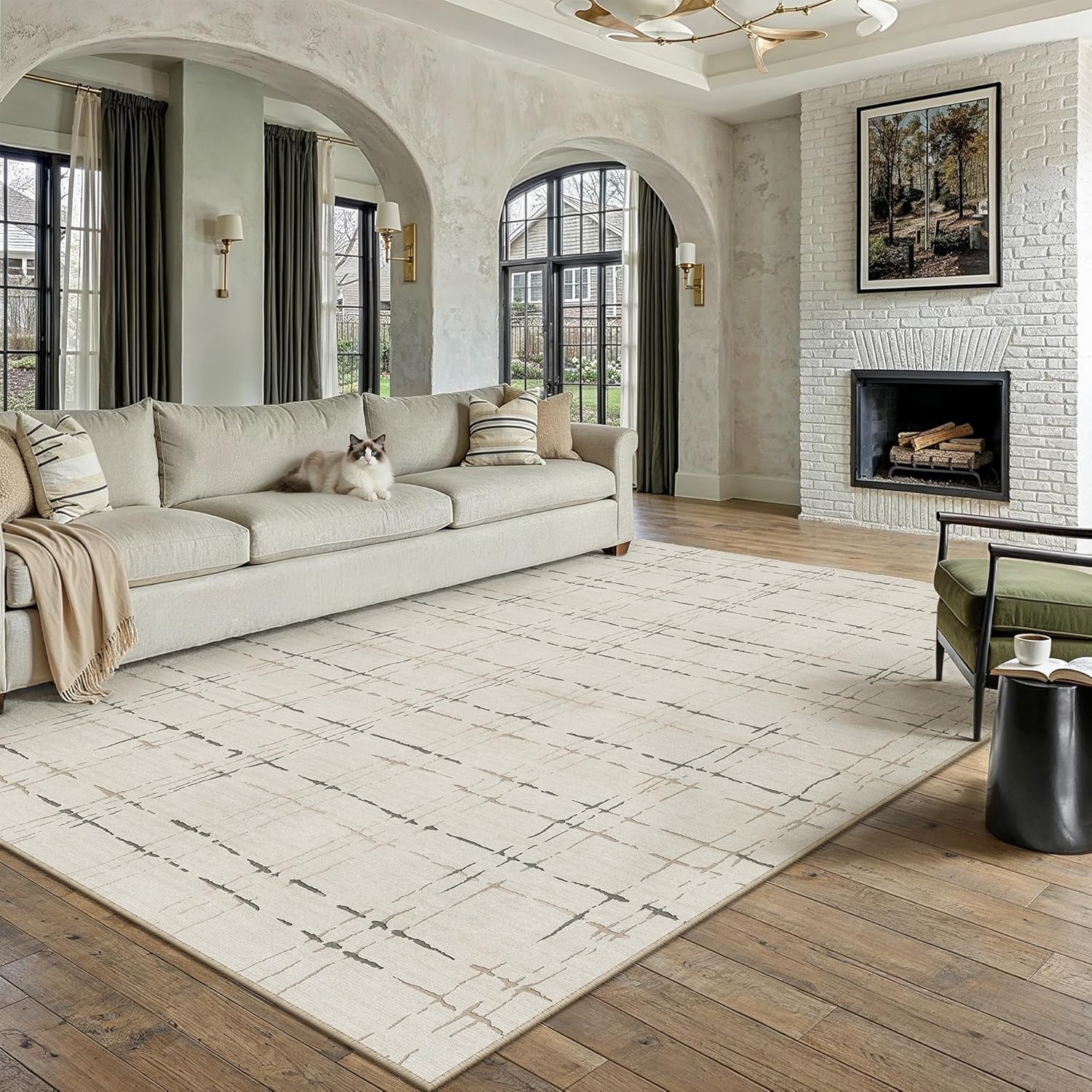 PureCozy Beige Washable 8x10 Area Rug for Living Room Neutral Modern Large Carpet Non Slip Low Pile Indoor Bedroom Soft Accent Throw Rug for Dining Room Office Nursery