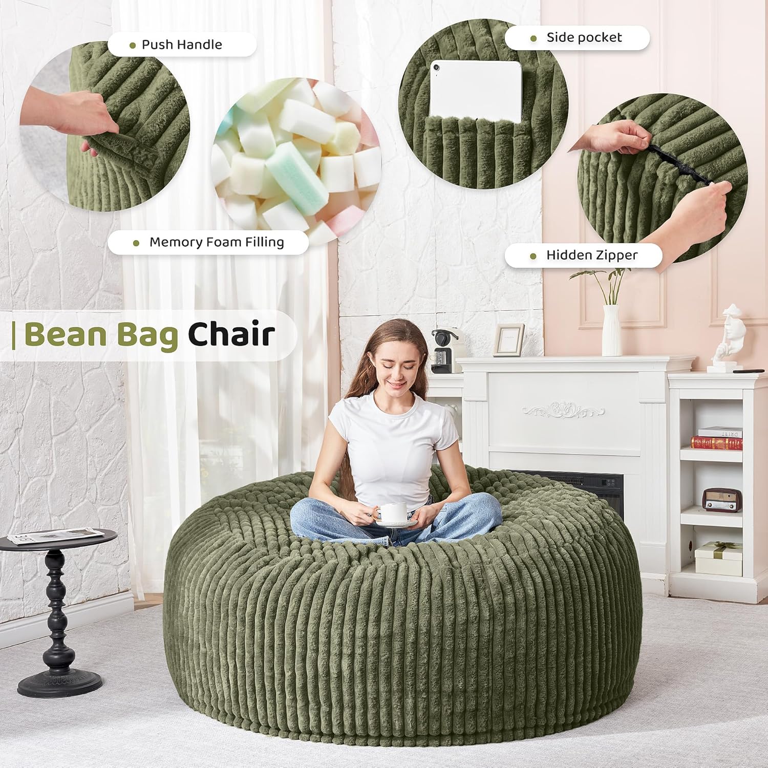 HABUTWAY 4FT Bean Bag Chair, 4' Large Bean Bag Chairs for Adults with Removable Stripe Plush Cover, Memory Foam Beanbag Chair for Living Room Bedroom Dorm (Green)