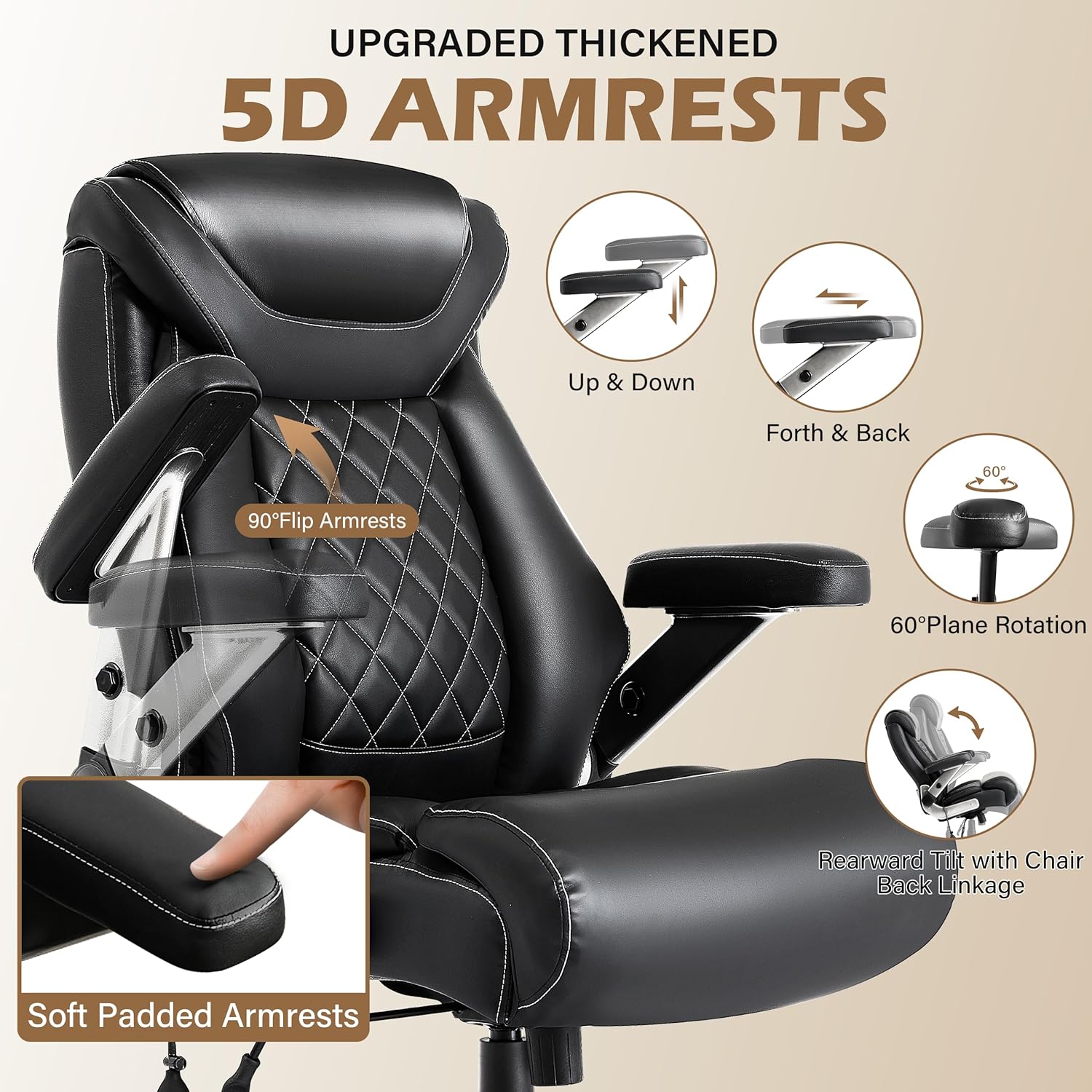 700lbs Big and Tall Office Chair, Ergonomic Heavy Duty Executive Cloth Office Chair with 5D Flip Arms & Adjustable Lumbar Support & Dual Rubber Wheel, Large Thick Padded Extra Wide Seat, Black