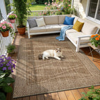 Jute Rug 5x7 Outdoor Patio Rug with Border, Washable Rugs for Living Room, Farmhouse Non Slip Area Rugs with Rubber Backing Indoor Outdoor, Non Shedding Carpet for Bedroom, Courtyard, Light Brown