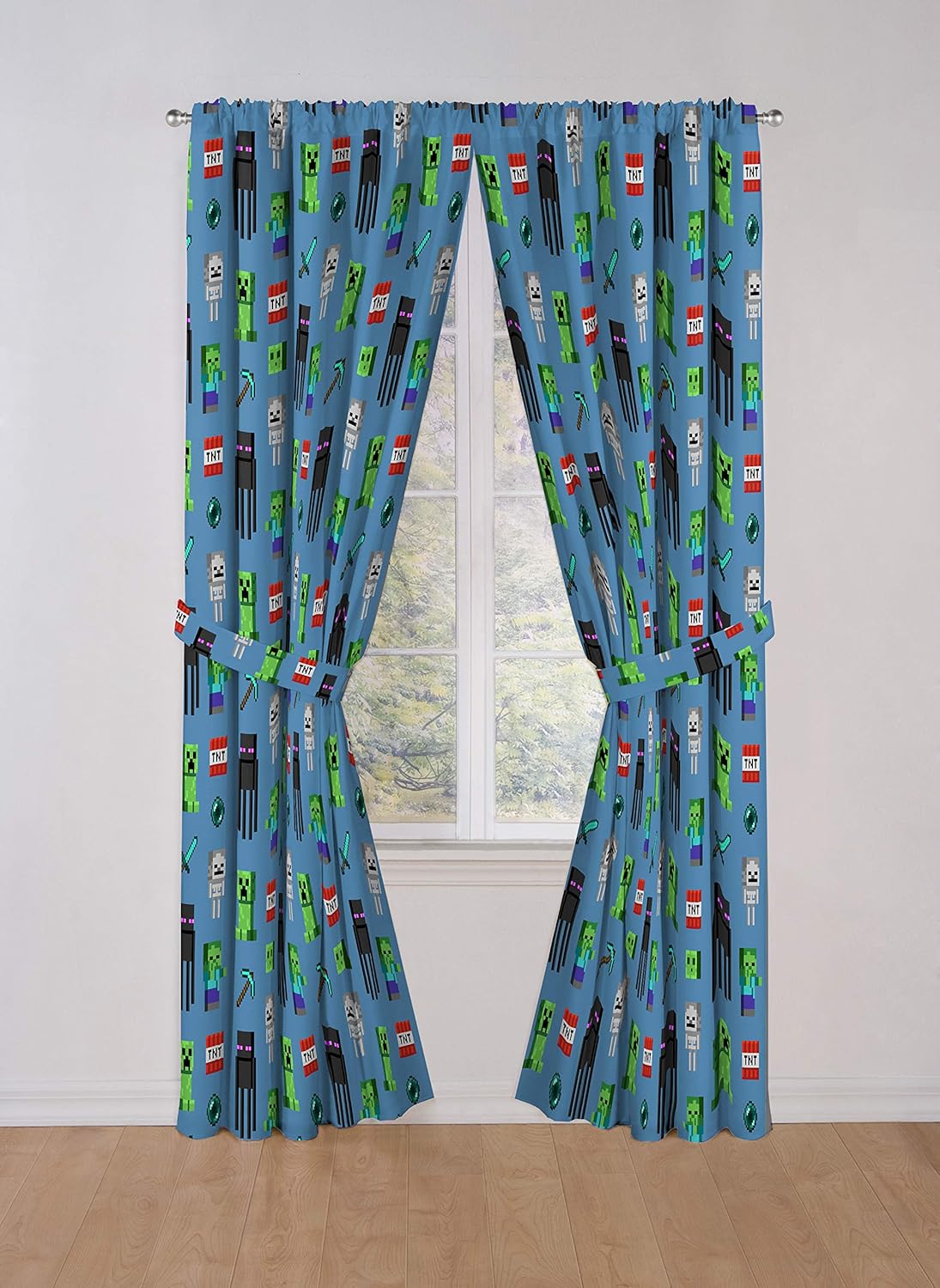 Jay Franco Kids Window Drapes - 4 Piece Curtain Set Includes 2 Tiebacks, Beautiful Bedding Room Décor and Easy Set Up, Blue - Minecraft, 84 Inch