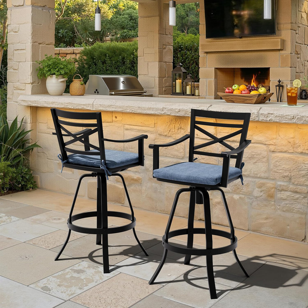 Pellebant Swivel Aluminum Outdoor Bar Stools Set of 4, 30" Patio Bar Height Bar Stools with Sunbrella Cushion & Back, Anti-Rust Barstools for Deck Backyard Garden, Spectrum Denim