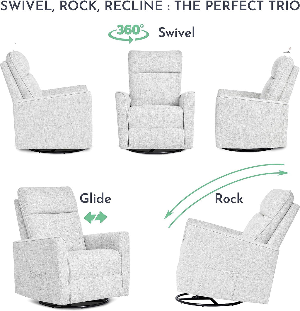 Evolur Aria Upholstered Plush Seating Glider Swivel with Ottoman in Fog Grey, Greenguard Gold Certified Modern Nursery Chair with Side Pockets, Tool-Free Assembly, Easy to Clean