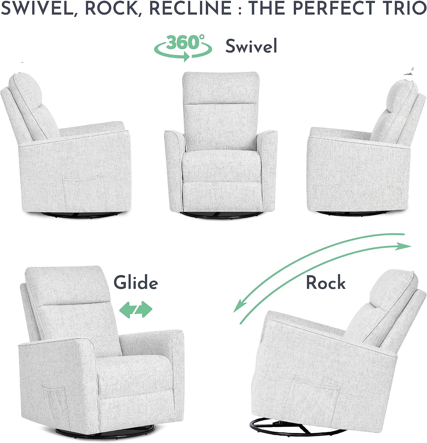 Evolur Aria Upholstered Plush Seating Glider Swivel with Ottoman in Fog Grey, Greenguard Gold Certified Modern Nursery Chair with Side Pockets, Tool-Free Assembly, Easy to Clean
