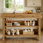55" Solid Wood Kitchen Island with Storage, Farmhouse Kitchen Island Table with 3-Tier Open Shelves and Large Countertop for Kitchen, Dining & Living Room, Oak