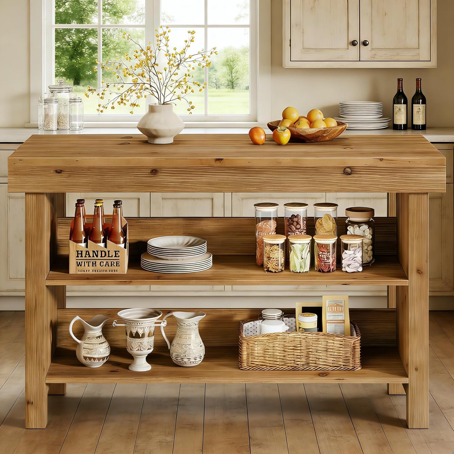 55" Solid Wood Kitchen Island with Storage, Farmhouse Kitchen Island Table with 3-Tier Open Shelves and Large Countertop for Kitchen, Dining & Living Room, Natural Oak