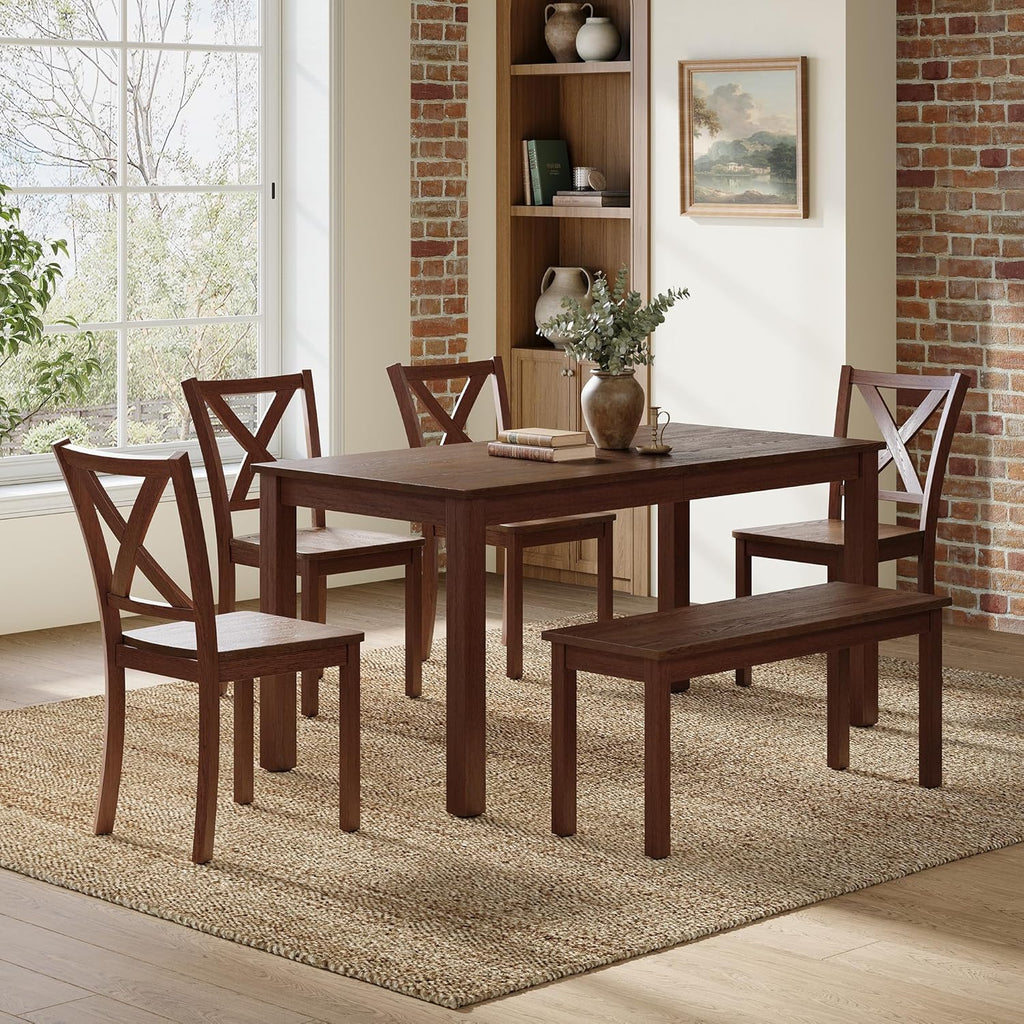 AMERLIFE 6-Piece Farmhouse Dining Table Set, 59" Wooden Table with 4 Chairs & Bench, Dining & Kitchen Room Set for 6, Space-Saving Rustic Dining Set, Walnut