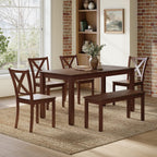 AMERLIFE 6-Piece Farmhouse Dining Table Set, 59" Wooden Kitchen Table with 4 Chairs and Bench, Space-Saving Rustic Dining Room Set for 6, Walnut