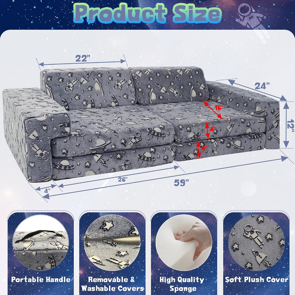 Kids Play Couch, Modular Toddler Glow Sofa for Playroom Bedroom，Imaginative Convertible Play Couch for Boys Girls.Gift for Kids.Spaceman