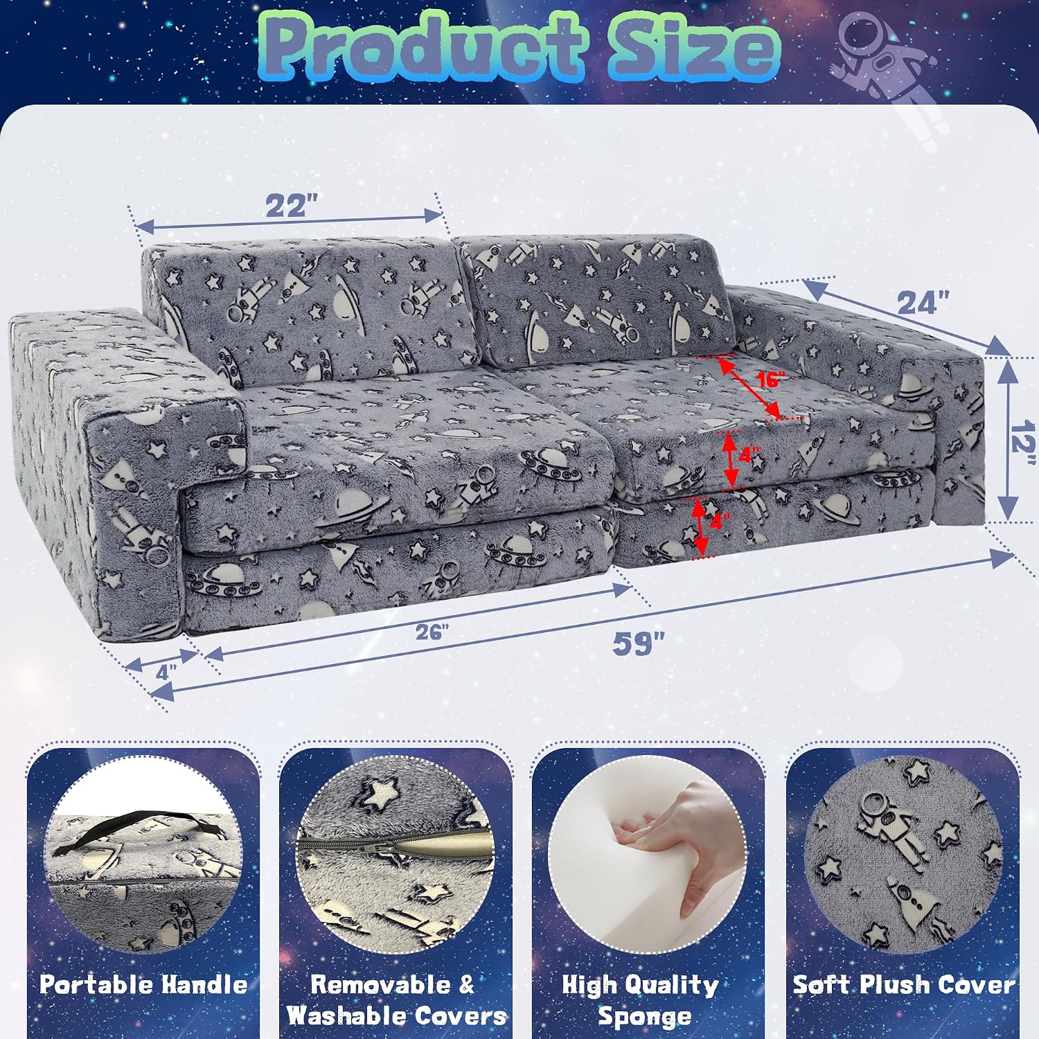 Kids Play Couch, Modular Toddler Glow Sofa for Playroom Bedroom，Imaginative Convertible Play Couch for Boys Girls.Gift for Kids.Spaceman