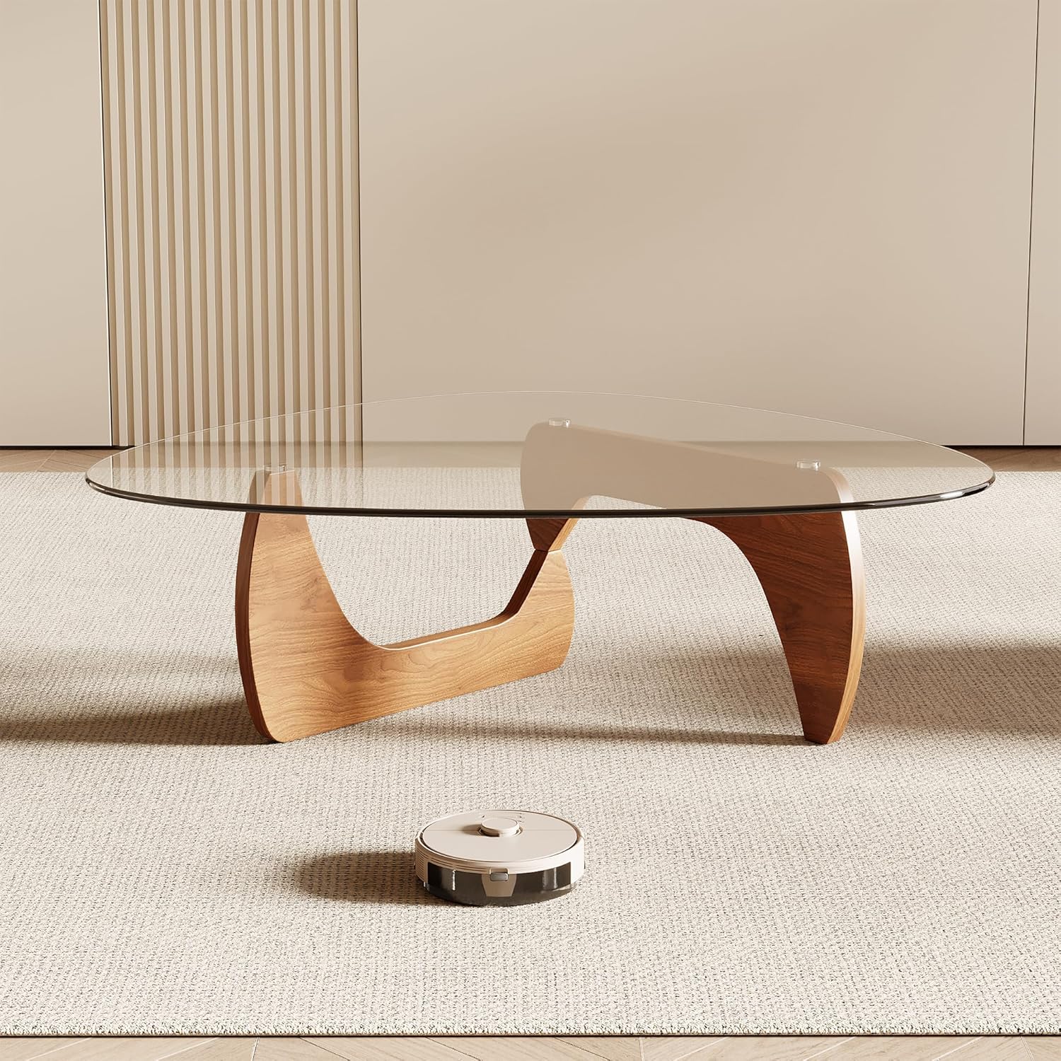 Honyee Morden Coffee Table, 42.5" x 28.5" x 16.1" Triangle Tempered Glass Top for Living Room, Color: Natural Wood