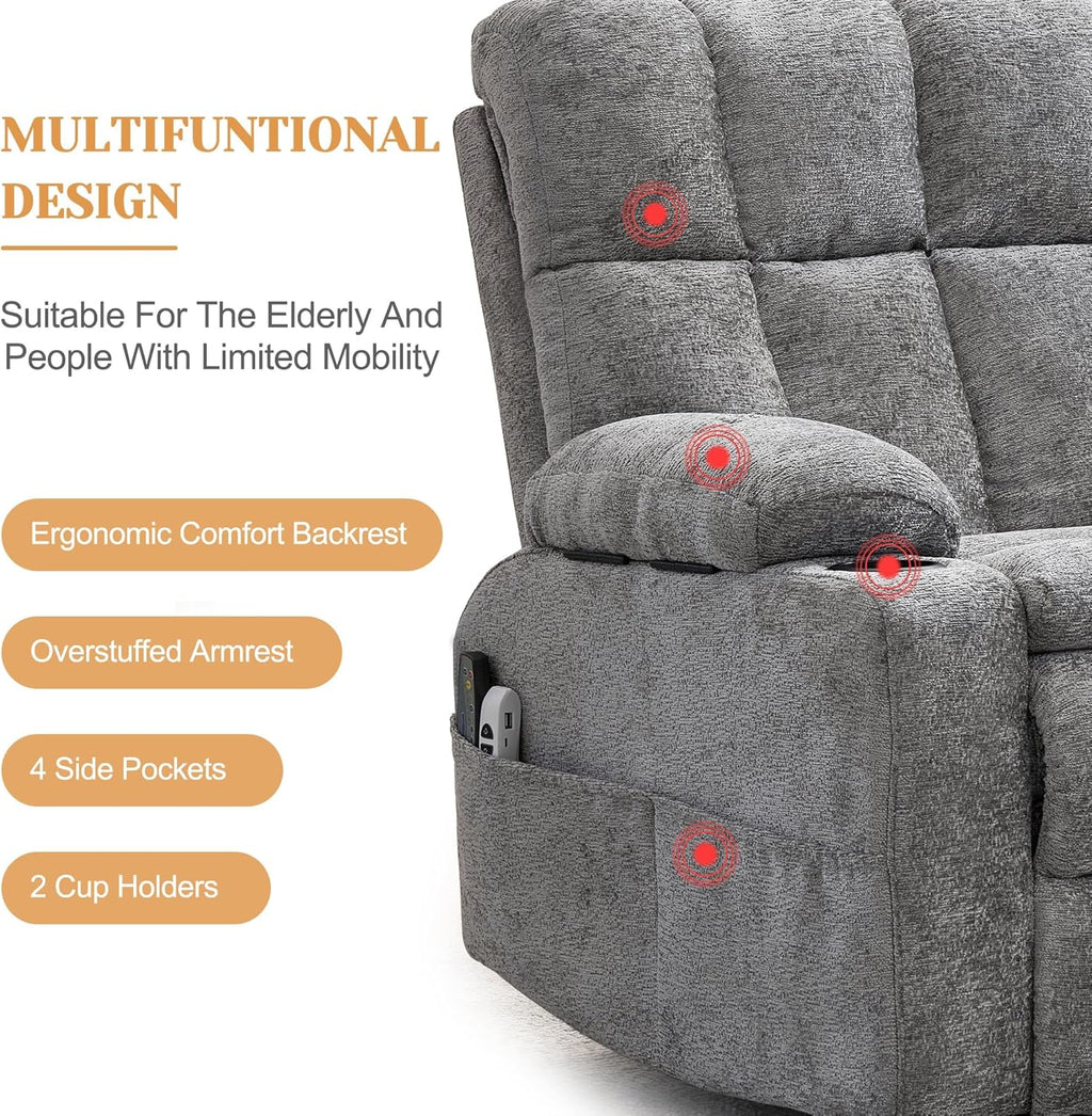 Korser Oversized Dual Motor Power Lift Recliner Chair for Elderly with Massage & Heat, Extra Wide Lift Chair with Adjustable Headrest, Electric Recliner with Storebox, Cupholder, USB, Type C, Grey