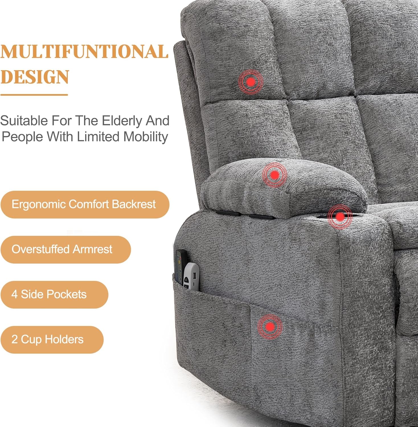 Korser Oversized Dual Motor Power Lift Recliner Chair for Elderly with Massage & Heat, Extra Wide Lift Chair with Adjustable Headrest, Electric Recliner with Storebox, Cupholder, USB, Type C, Grey