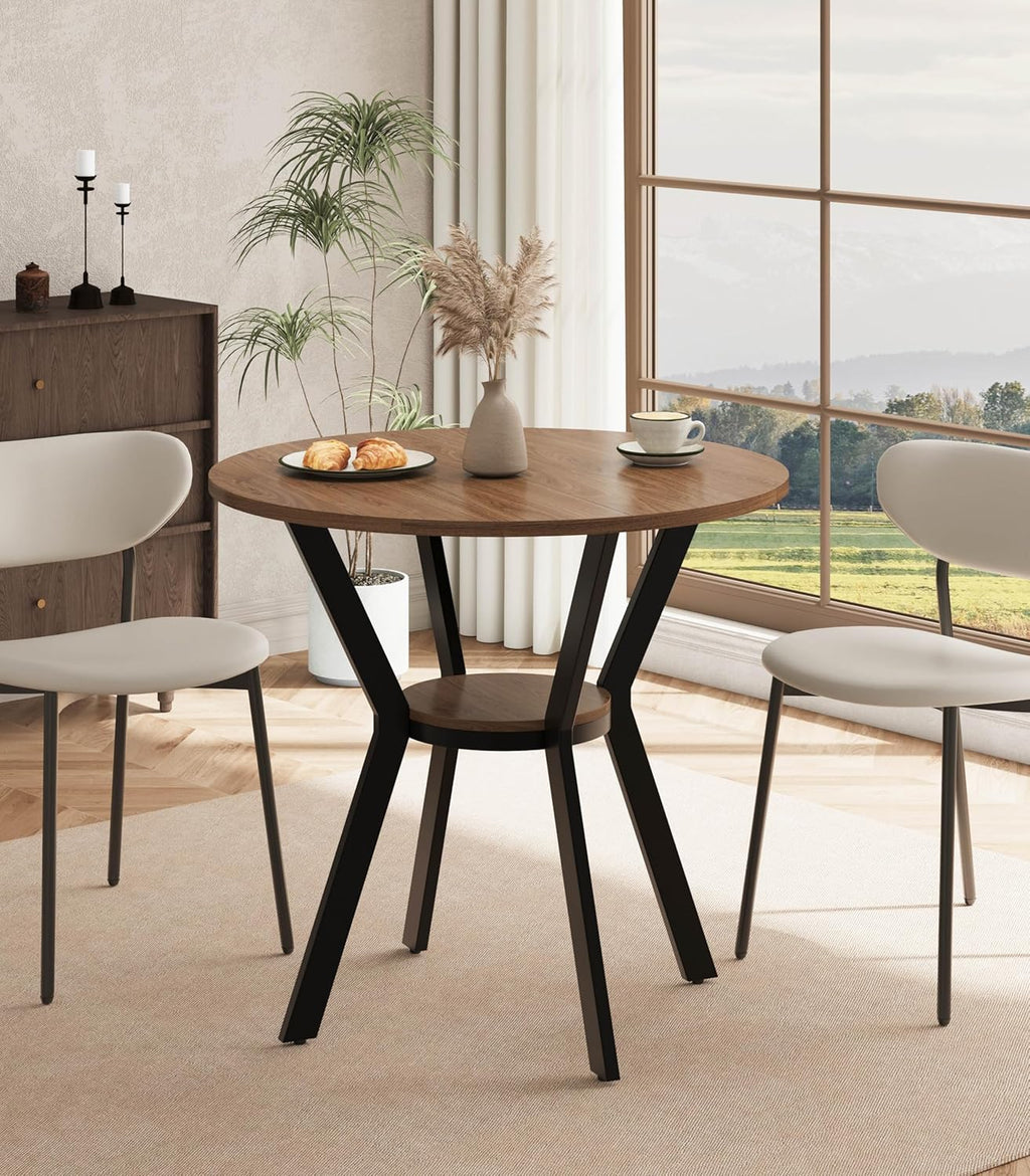 MECHYIN 31.5" Round Dining Table for 2-4, Farmhouse Small Kitchen Table with Storage, Space Saving Circle Table, Rustic Wood Dining Room Tables with Metal Legs for Kitchen, Dining Room, Apartment