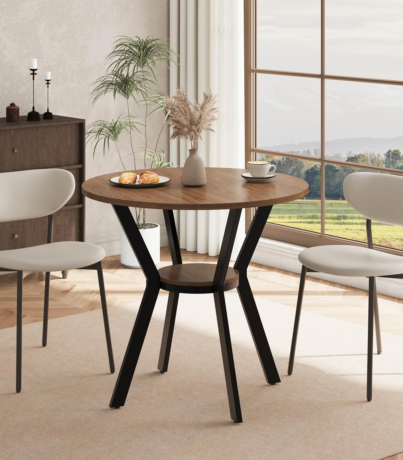 MECHYIN 31.5" Round Dining Table for 2-4, Farmhouse Small Kitchen Table with Storage, Space Saving Circle Table, Rustic Wood Dining Room Tables with Metal Legs for Kitchen, Dining Room, Apartment