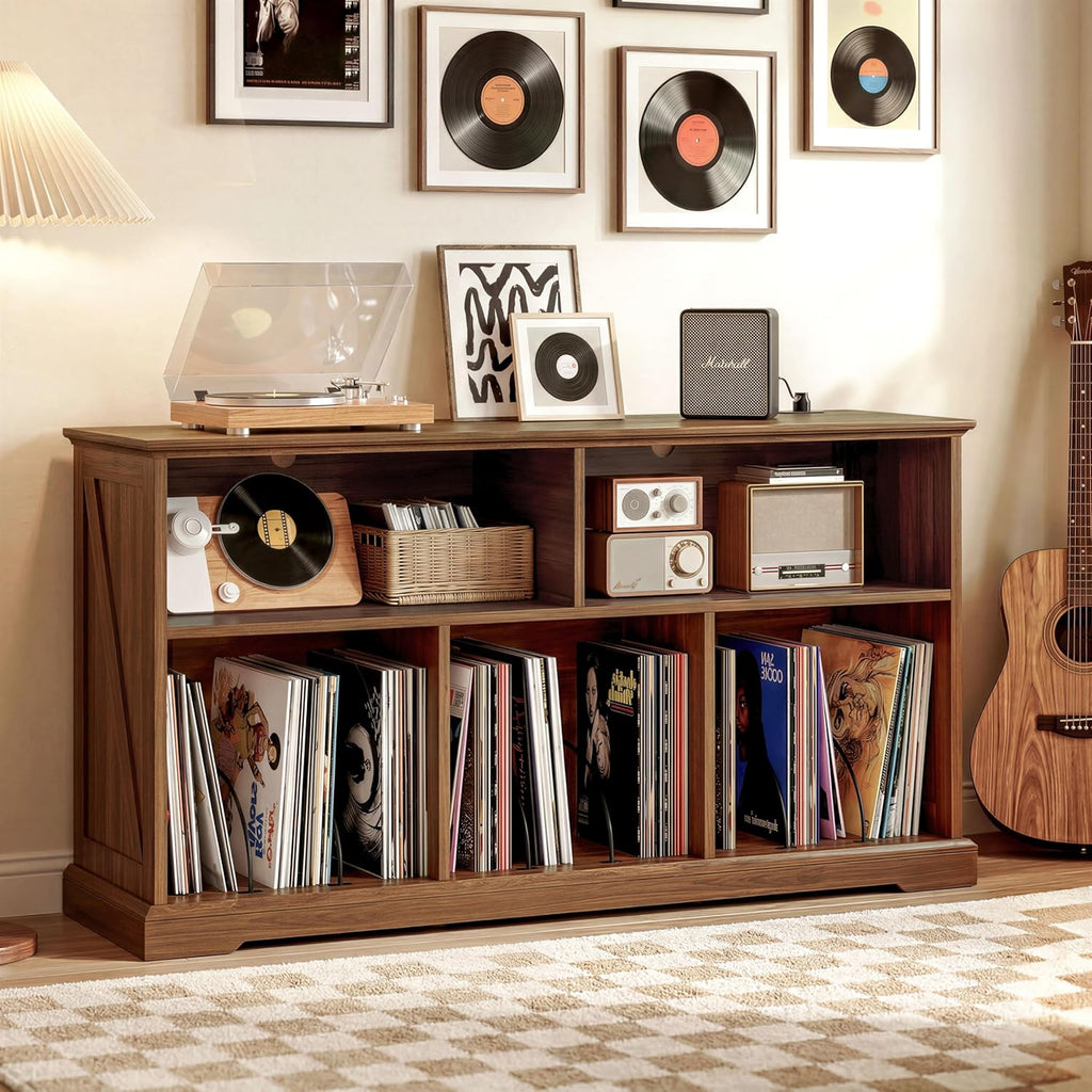 IRONCK 55in Mid-Century Modern Record Player Stand, Record Player Cabinet with Charging Station & USB Ports, Vinyl Record Storage Cabinet with Open Shelf for Living Room, Music Room, Walnut