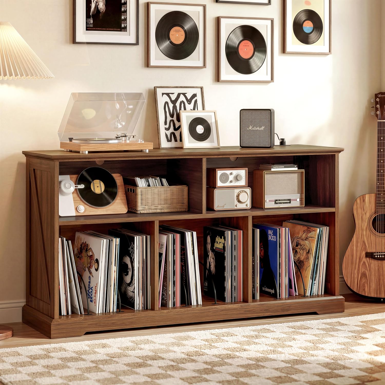 IRONCK 55in Mid-Century Modern Record Player Stand, Record Player Cabinet with Charging Station & USB Ports, Vinyl Record Storage Cabinet with Open Shelf for Living Room, Music Room, Walnut