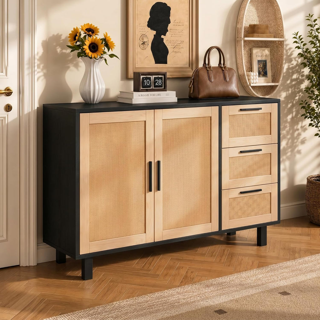 GREEN PARTY 47" Black Rattan Sideboard Buffet Cabinet, Coffee Bar Cabinet with Storage, 3 Drawers and 2 Doors, Modern Kitchen Storage Cabinet for Dining Room, Entryway