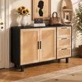 GREEN PARTY 47" Black Rattan Sideboard Buffet Cabinet, Coffee Bar Cabinet with Storage, 3 Drawers and 2 Doors, Modern Kitchen Storage Cabinet for Dining Room, Entryway