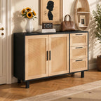 GREEN PARTY 47" Black Rattan Sideboard Buffet Cabinet, Coffee Bar Cabinet with Storage, 3 Drawers and 2 Doors, Modern Kitchen Storage Cabinet for Dining Room, Entryway