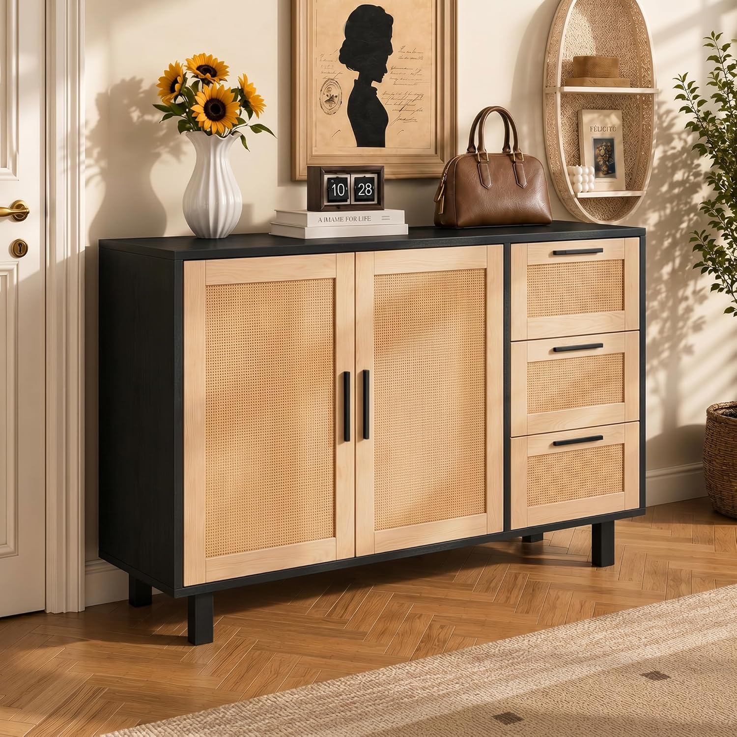 GREEN PARTY 47" Black Rattan Sideboard Buffet Cabinet, Coffee Bar Cabinet with Storage, 3 Drawers and 2 Doors, Modern Kitchen Storage Cabinet for Dining Room, Entryway