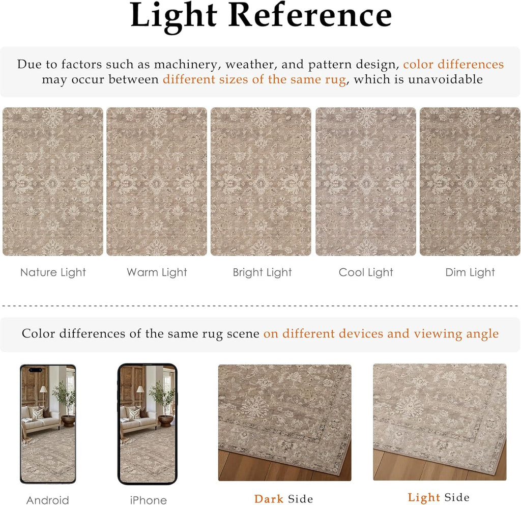 HUGEAR 8x10 Washable Vintage Area Rug Light Brown Neutral Distressed Low Pile Non Slip Soft Carpet Indoor Large Throw Rug for Living Room Bedroom Dining Room Home Office
