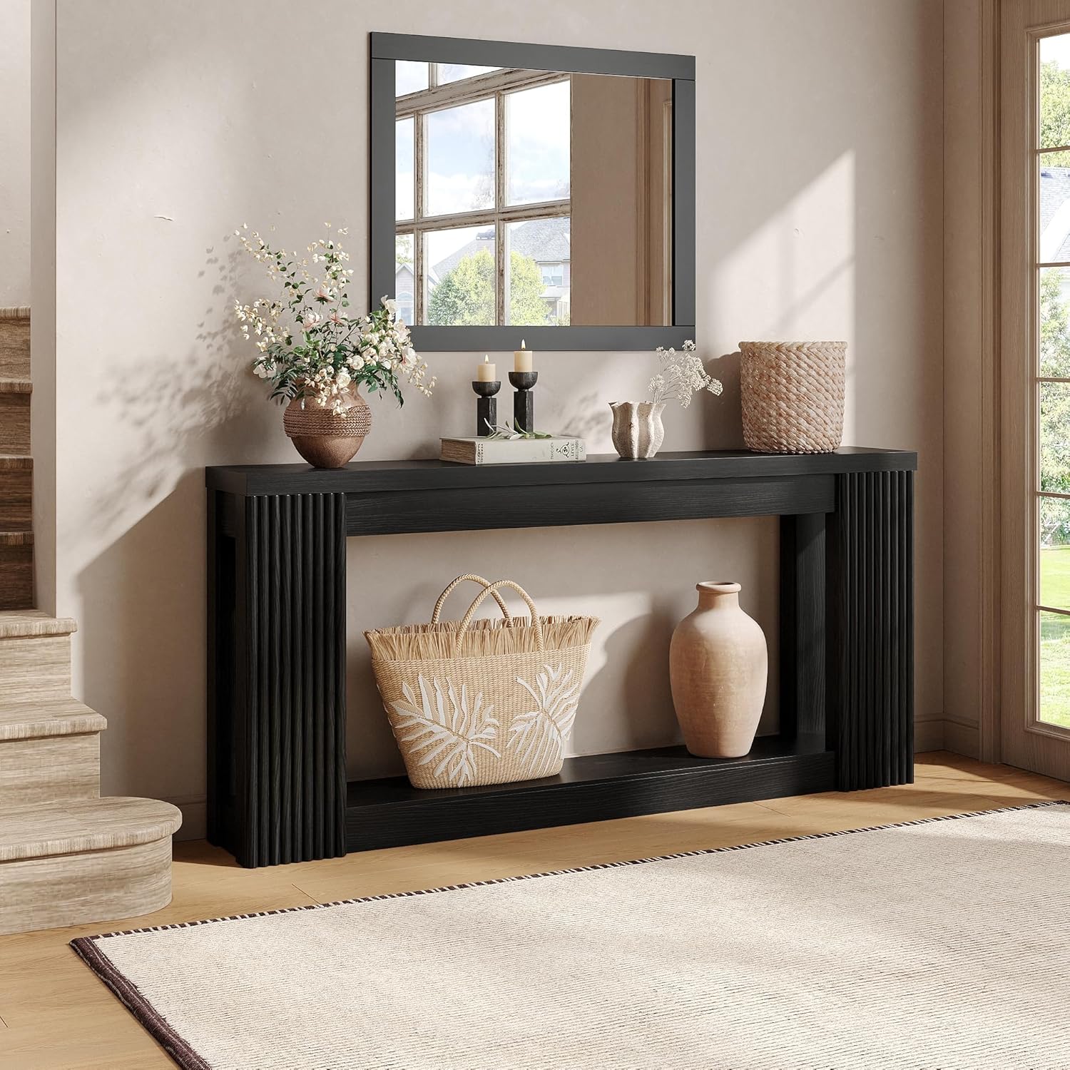 Maupvit Fluted Wooden Console Table with 2 Storage, 71 Inches Rectangular Entryway Table Behind The Couch, Farmhouse Boho Sofa Table for Entrance, Hallway, Living Room (Black)