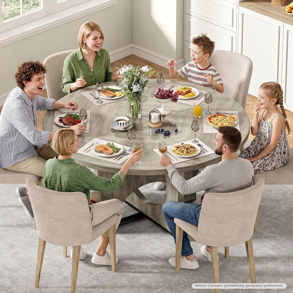 IRONCK 47.2" Round Dining Table for 4-6 People, Wooden Dining Room Table with H-Shape Pedestal Base, Farmhouse Dinner Table, Circle Kitchen Tables for Dining Room, Kitchen, Apartment, Light Gray