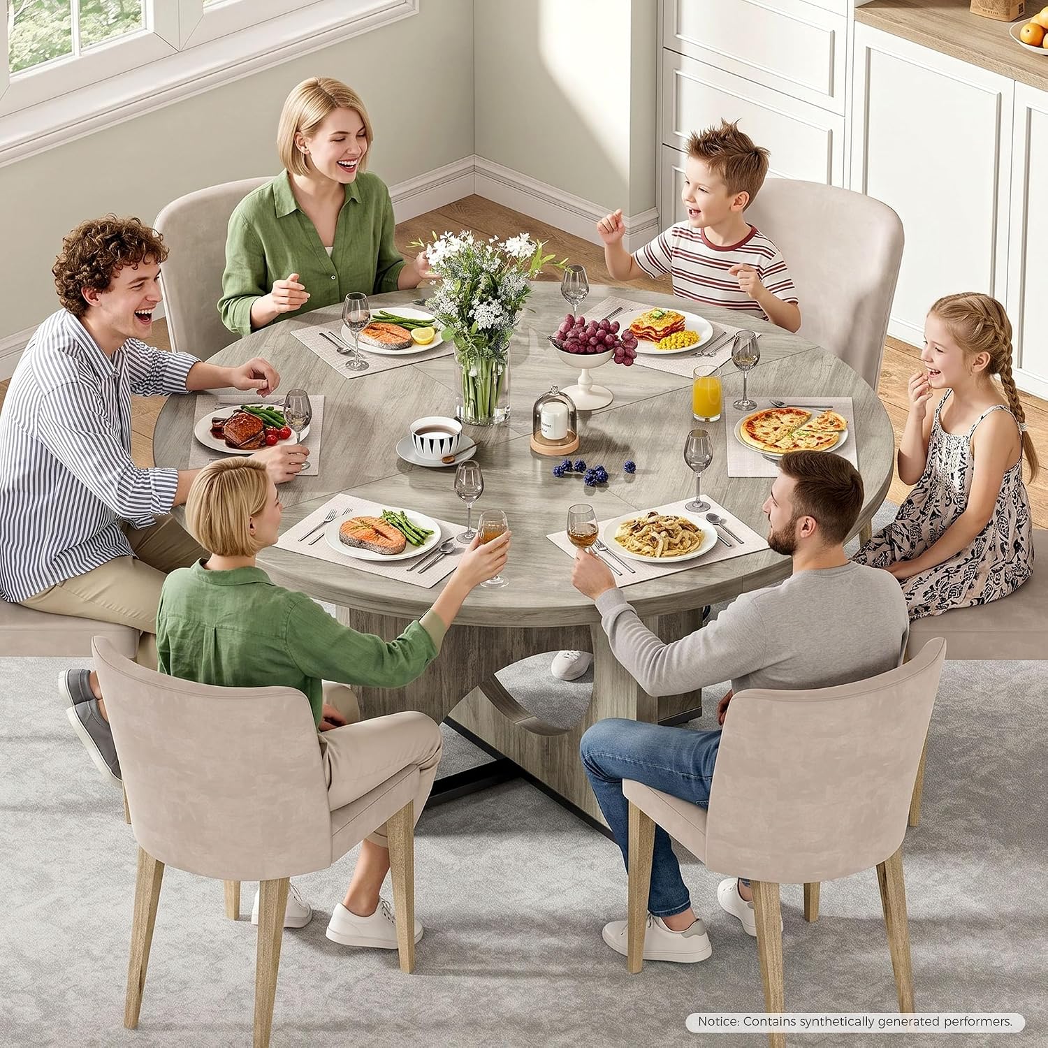 IRONCK 47.2" Round Dining Table for 4-6 People, Wooden Dining Room Table with H-Shape Pedestal Base, Farmhouse Dinner Table, Circle Kitchen Tables for Dining Room, Kitchen, Apartment, Light Gray