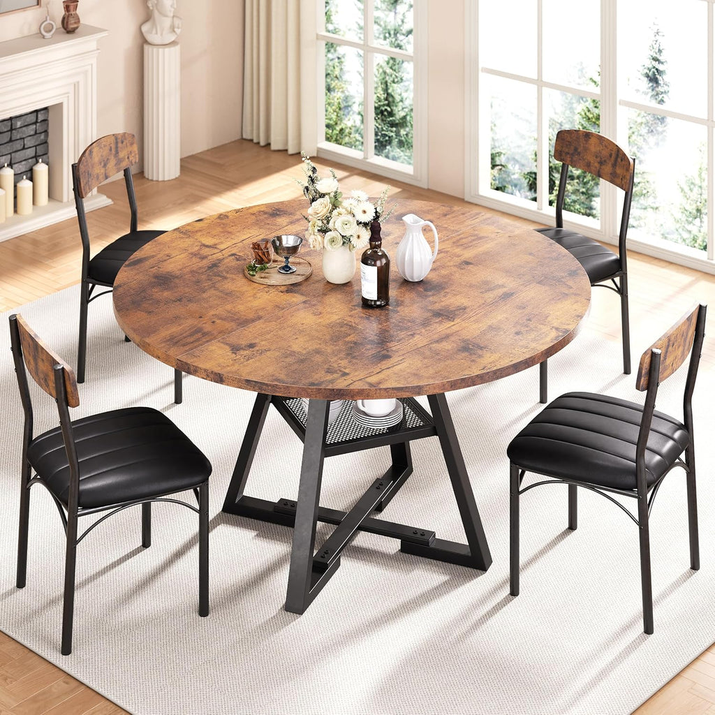 Dining Table Set for 4,Kitchen Table and Chairs for 4, Round Dining Room Table with Upholstered Chairs, 5 Piece Space Saving Circle Wood Kitchen & Dining Room Dinner Dinette Table Set (Vintage, 42In)